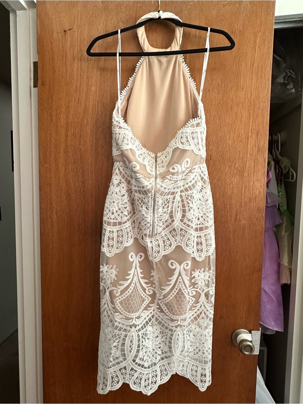 Lulus White Lace Overlay Halter Dress with Nude Lining - Picture 2 of 4